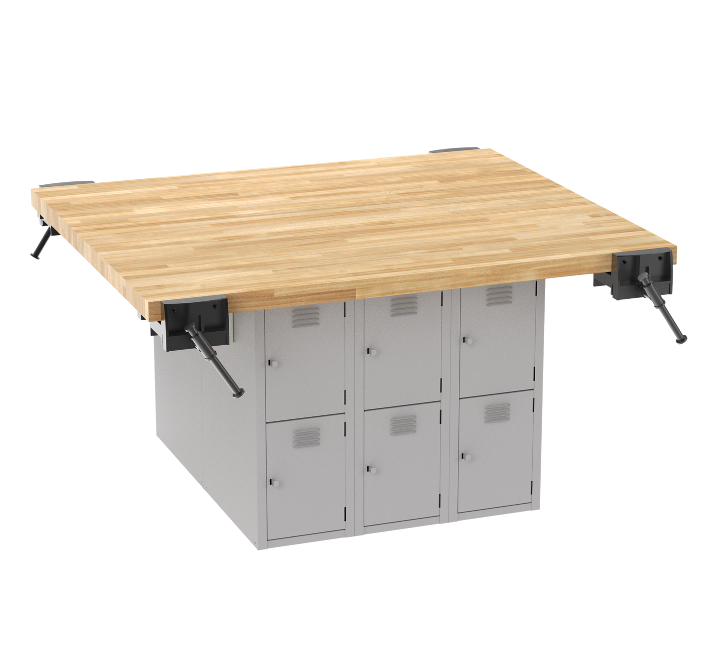 Workbench with wooden top and metal lockers on a white background