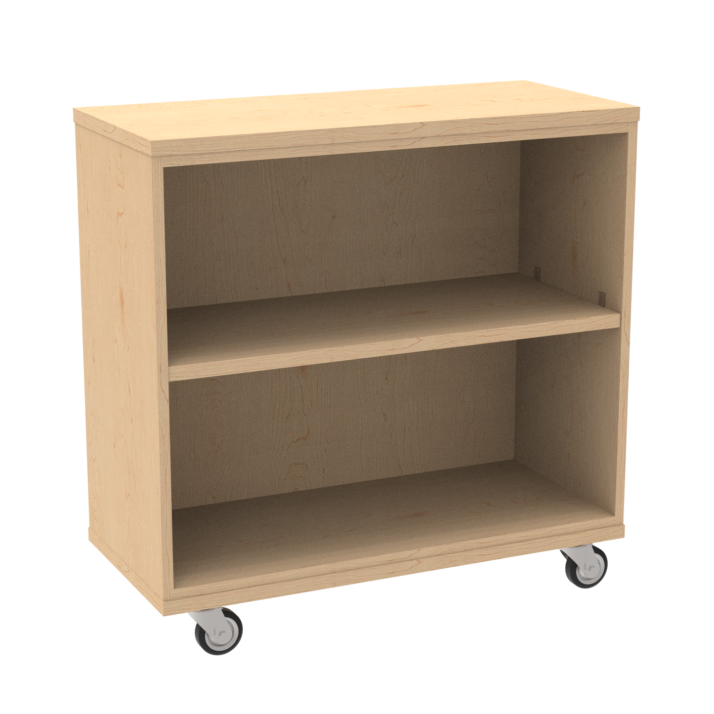 Light wood bookshelf with two adjustable shelves on wheels