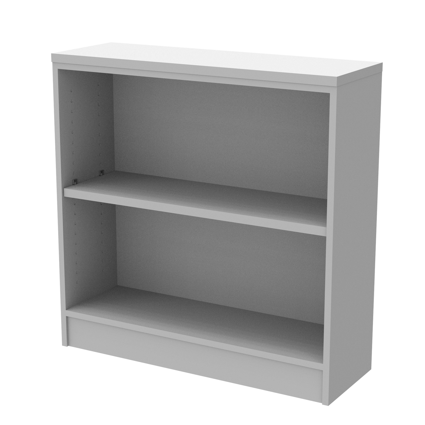 Gray wooden bookshelf with two adjustable shelves, diagonal view