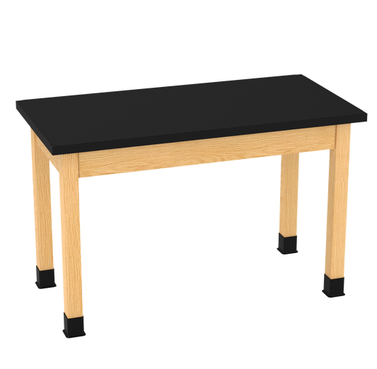 Table with black top and wooden legs on a white background