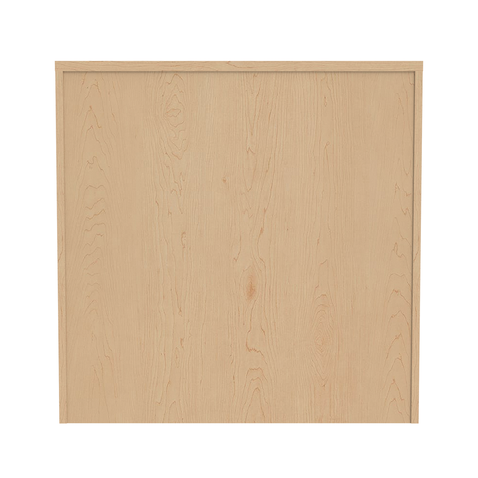 Wooden bookshelf with two adjustable shelves, back view