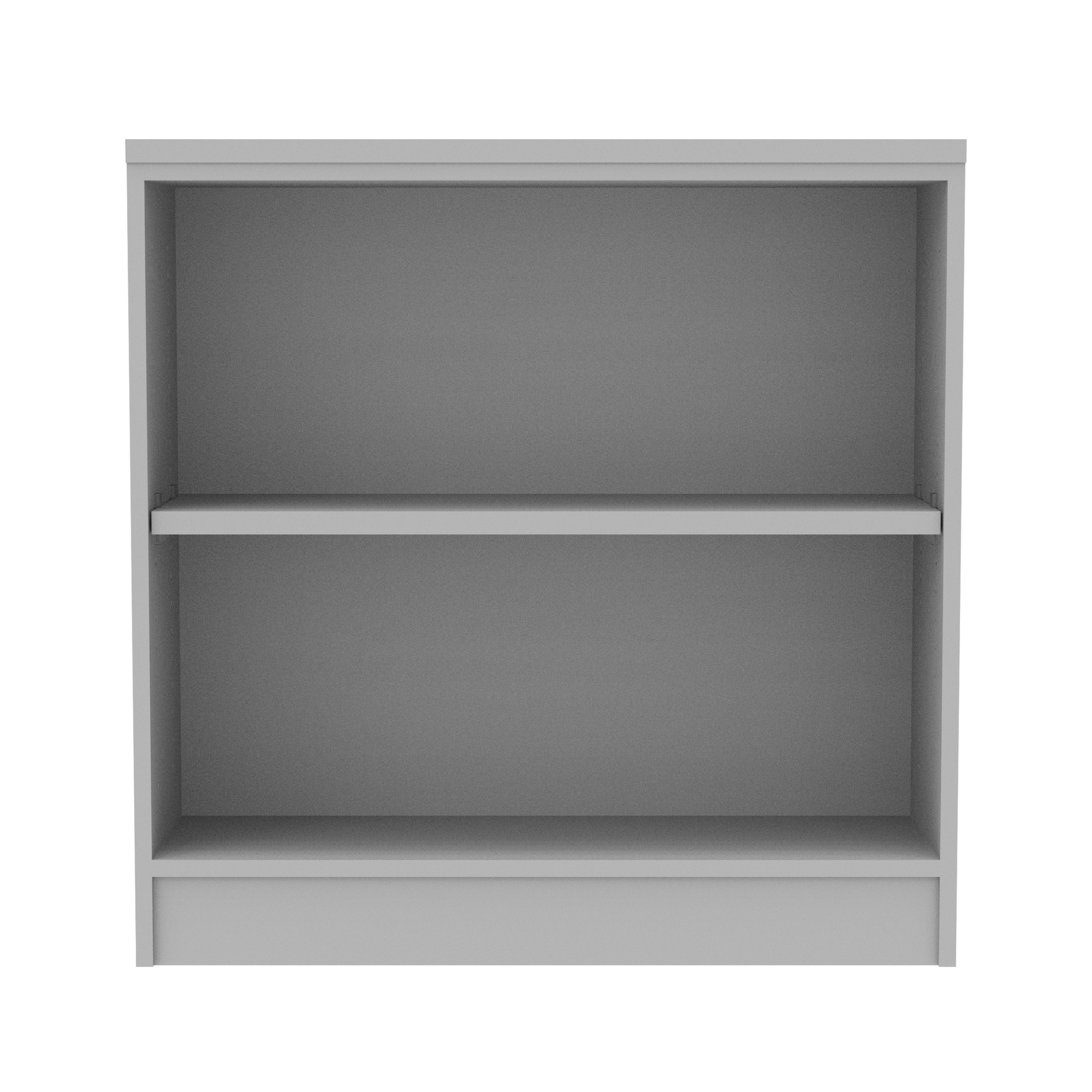 Gray wooden bookshelf with two adjustable  shelves, front view