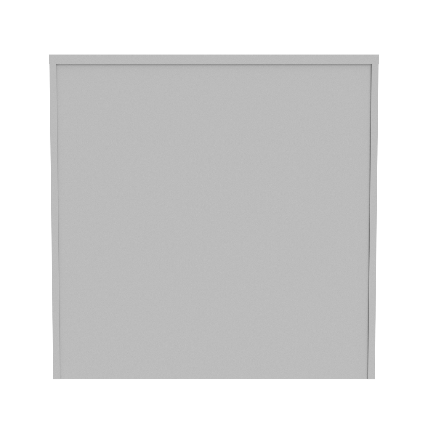 Gray wooden bookshelf with two adjustable shelves, back panel view