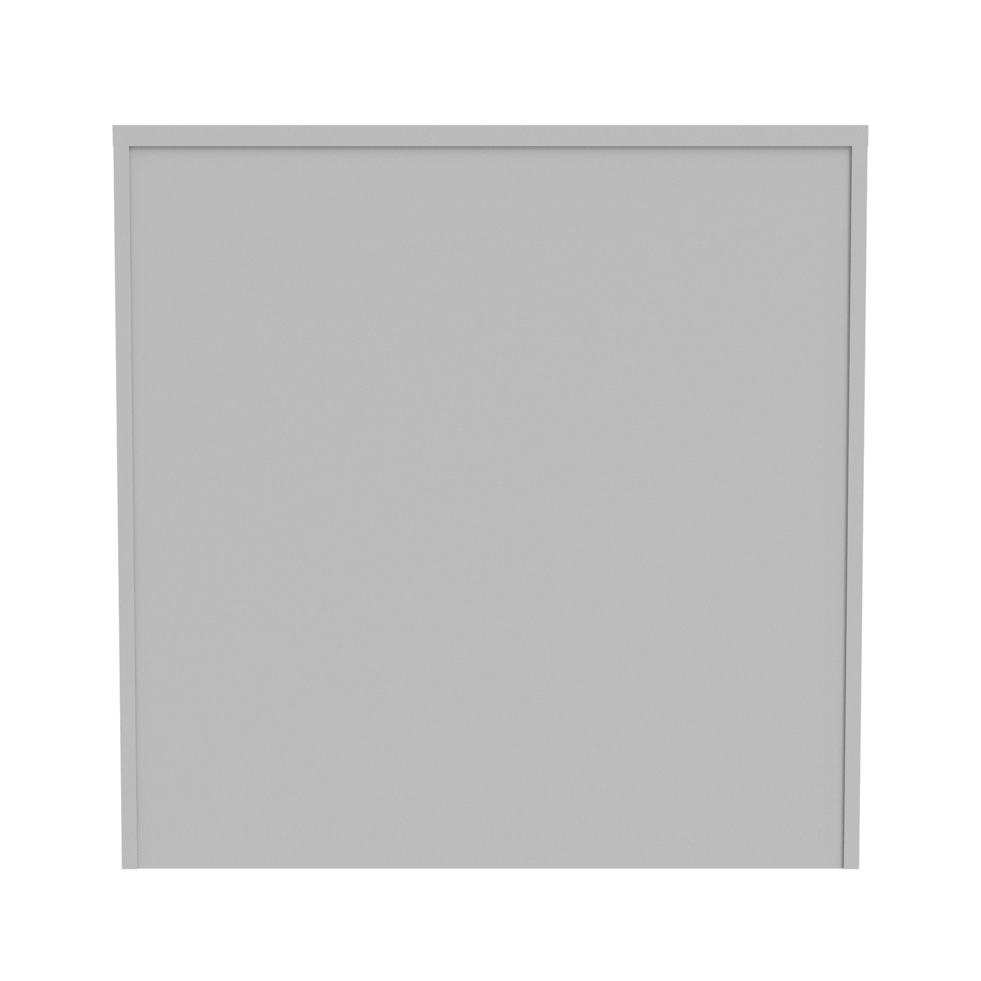 Gray wooden bookshelf with two adjustable shelves, back panel view