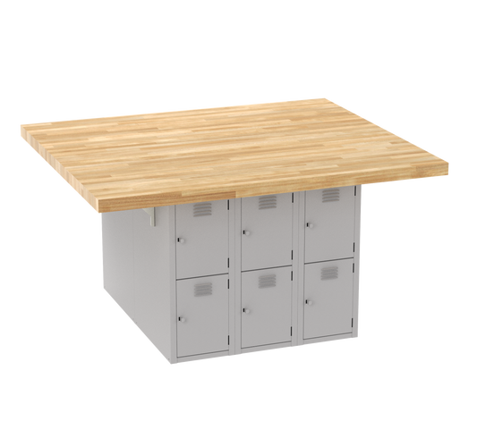 Forum Industrial Arts Four-Station Workbench with Steel Lockers